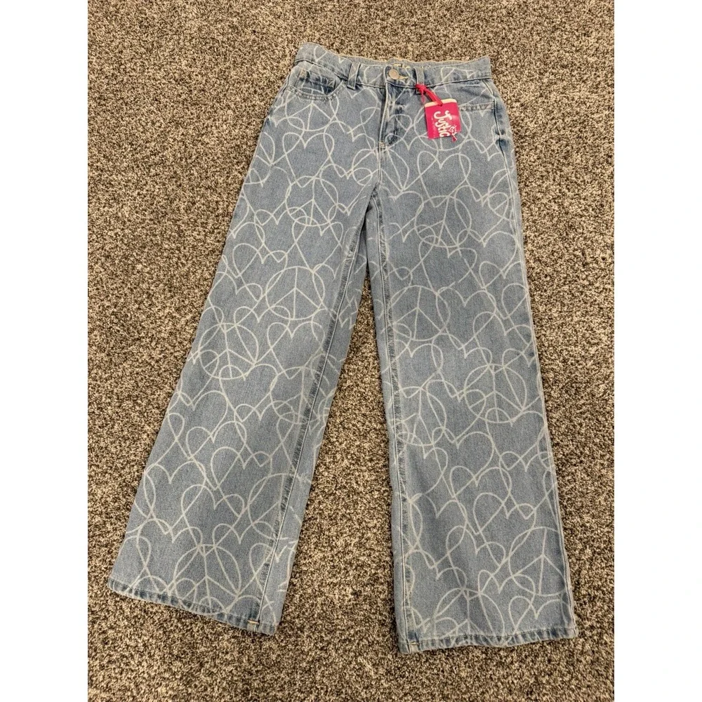 Justice Girls Size 10 Wide Leg Jeans Light Wash Heart Peace Sign Print Cotton